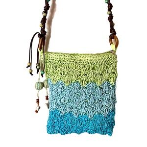 Y2k Grannycore Hippie Cruise Club Purse Cross Body Woven Straw Green Blue